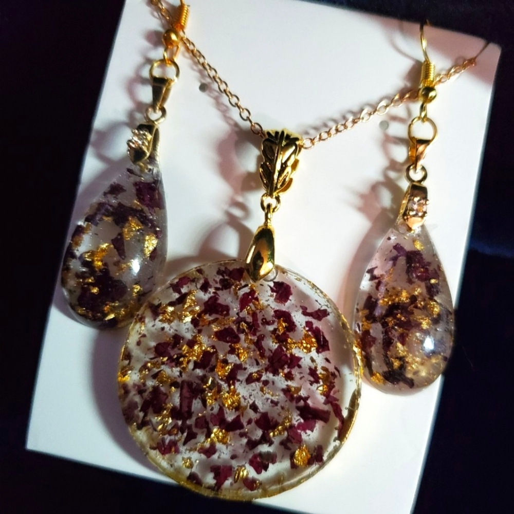 Resin Rose Petal Necklace and Earring Set